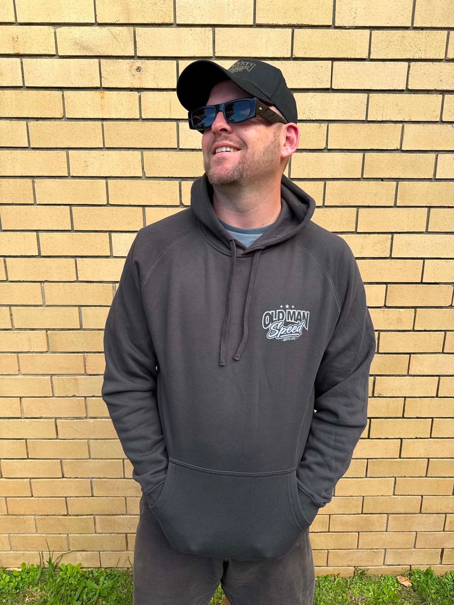 Old Man Speed hoodie now in stock and selling fast! Coal Grey!