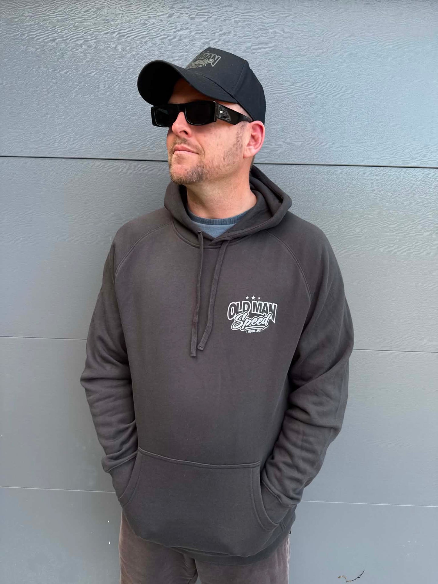 Old Man Speed hoodie now in stock and selling fast! Coal Grey!